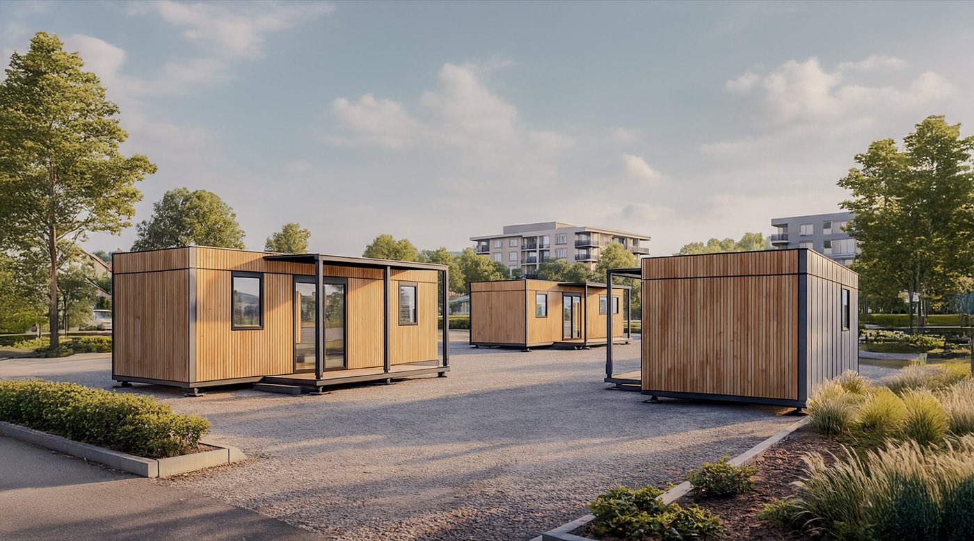 Trois modules posés sur vérins en frange de quartier, allées en gravier et immeubles collectifs à l'arrière-plan