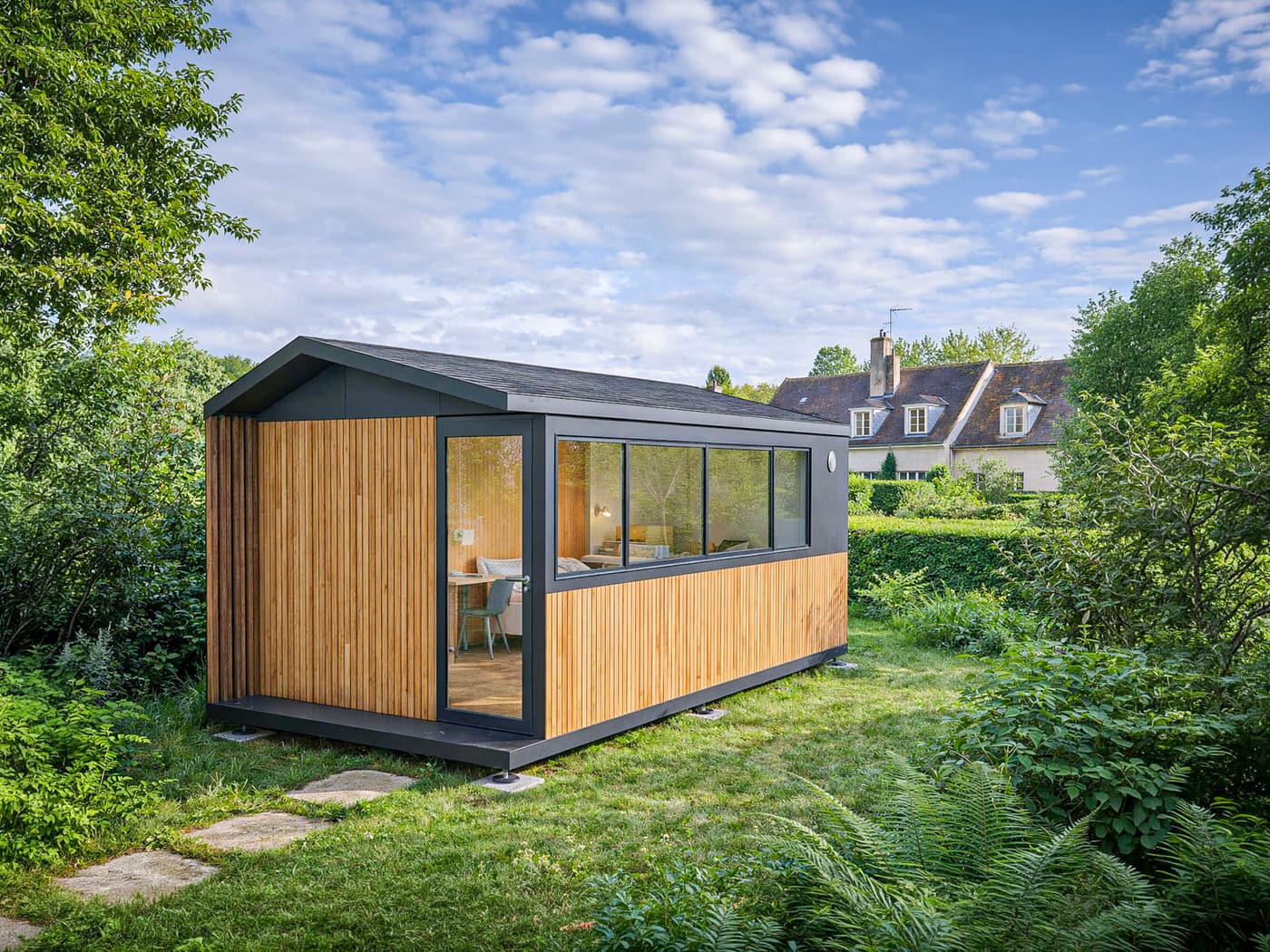 Studio de jardin Hoummi à bardage bois et grande baie vitrée, posé sur une pelouse devant une maison existante