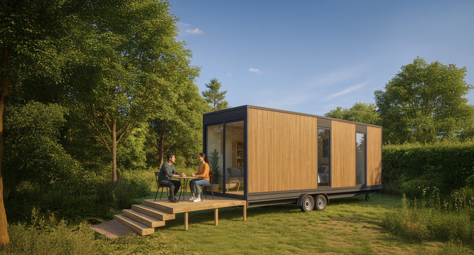 Tiny House Hoummi avec terrasse et escalier, deux occupants installés dehors