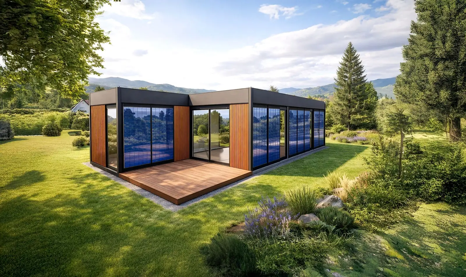 Module en L à façade photovoltaïque et terrasse bois, dans une prairie face aux montagnes