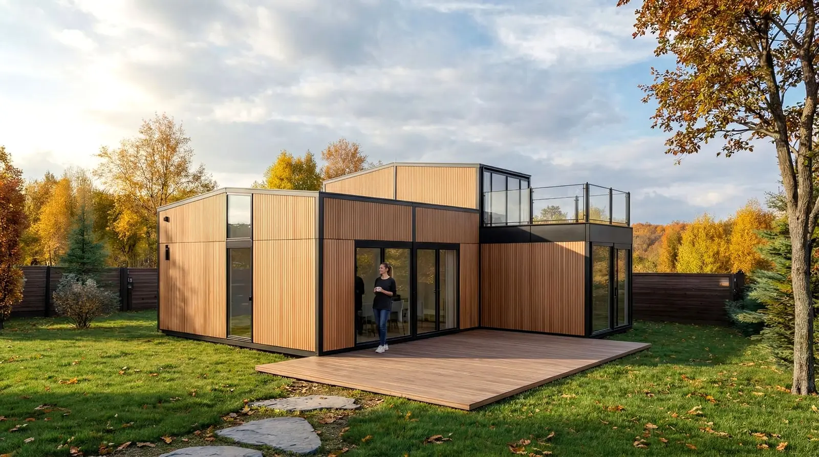 Maison Hoummi de plusieurs modules bardés bois, avec terrasse et toit-terrasse, au fond d'un jardin en automne