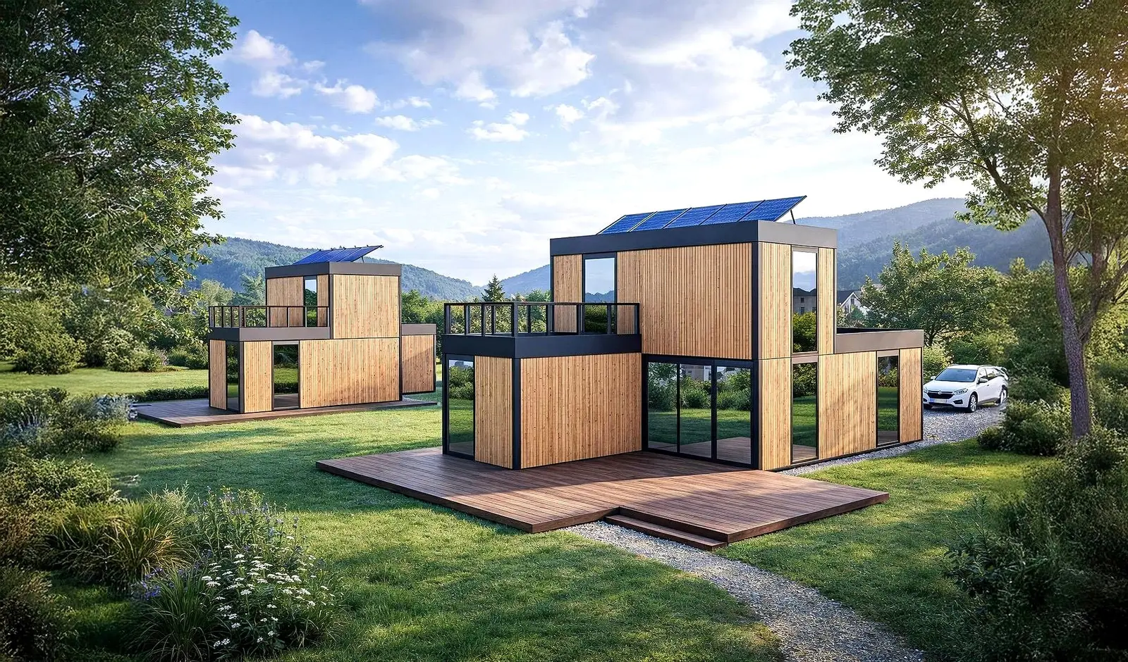 Deux maisons Hoummi à étage, terrasses et panneaux solaires en toiture, dans un vallon