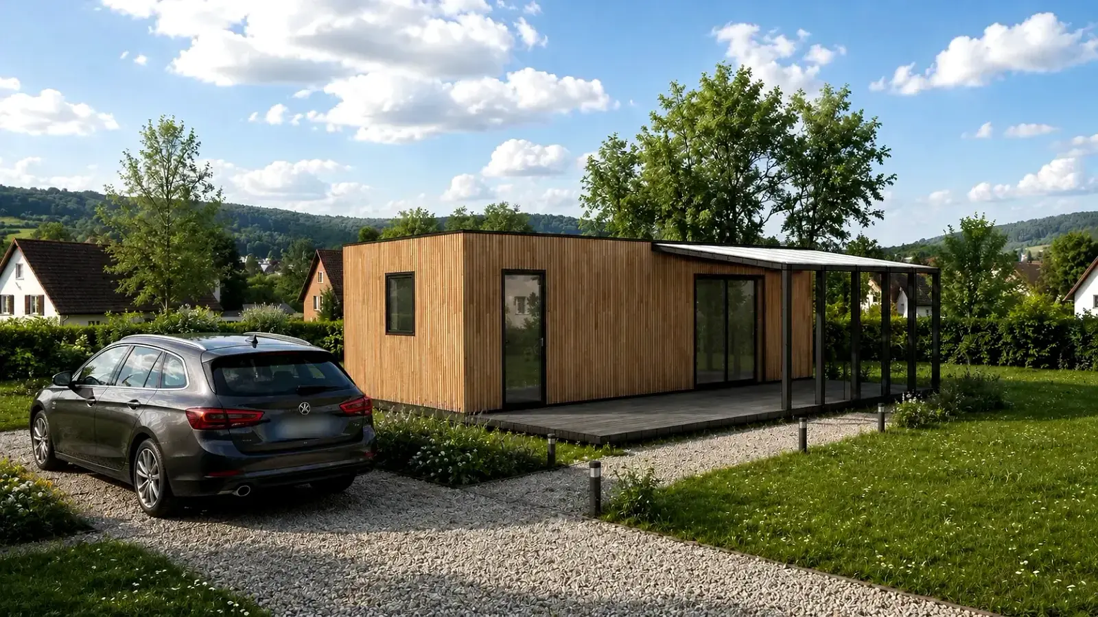 Studio Hoummi bardé bois avec pergola, dans un jardin de village