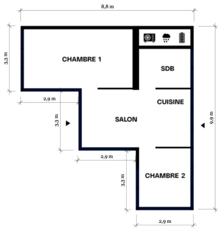 Plan du module 9 × 9-S, T3+, 43,5 m²