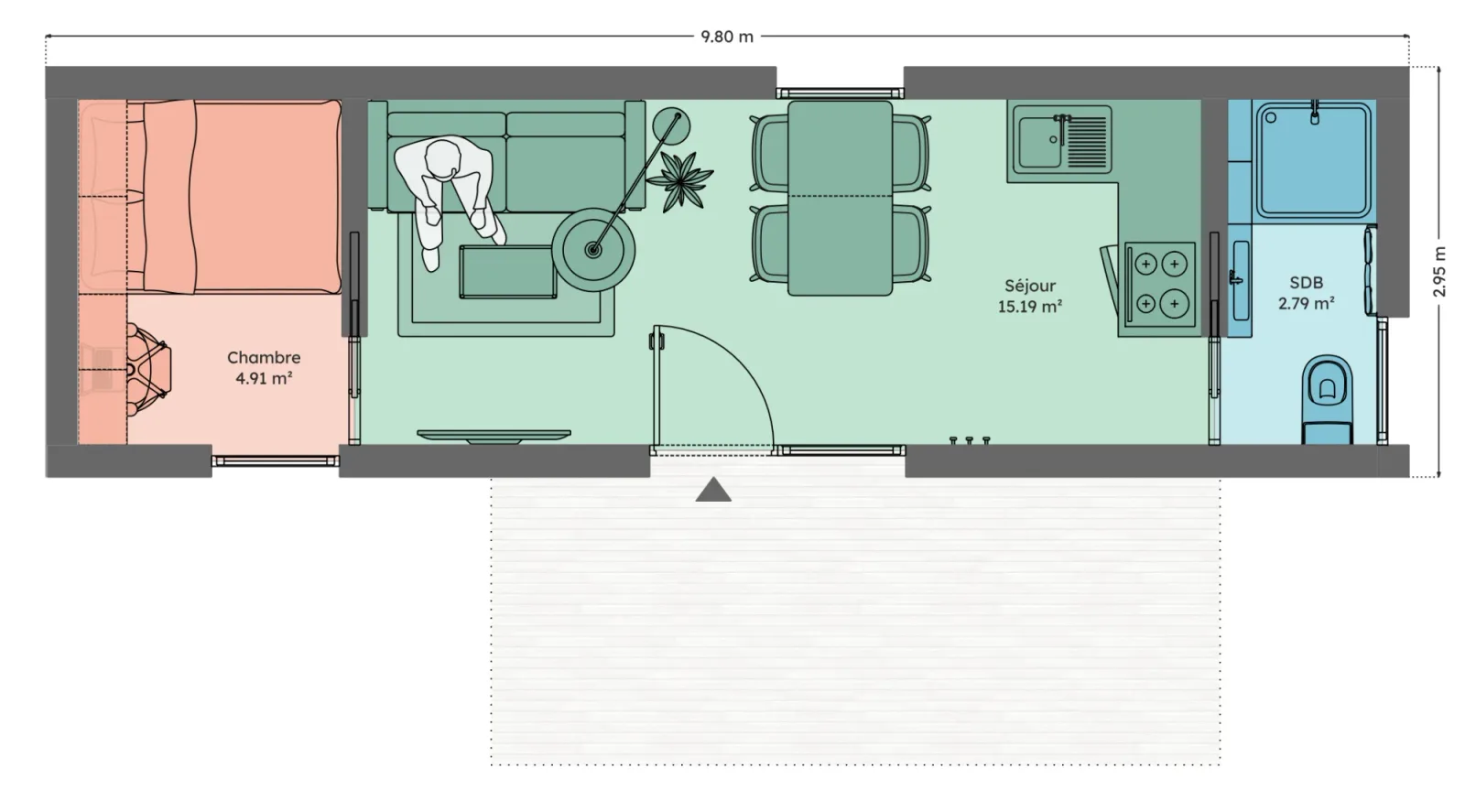 Plan du module 3 × 9, T1, 23 m², chambre avec bureau