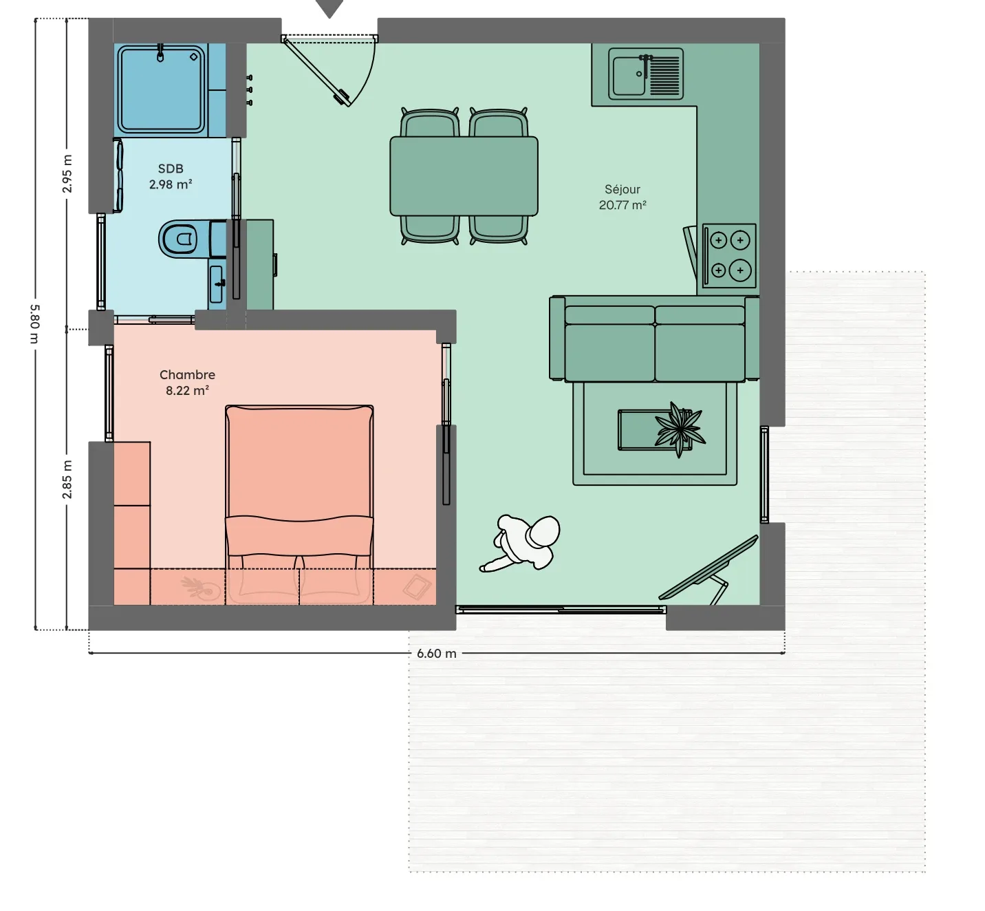 Plan du module 6 × 6, T2, 32 m², alignés