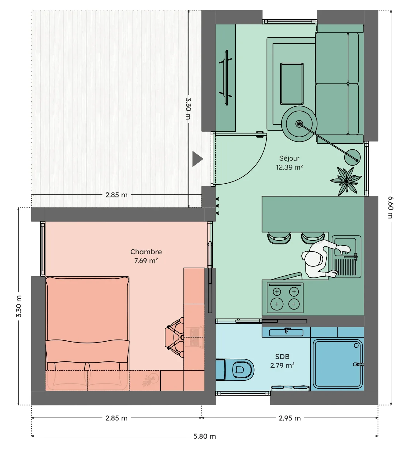 Plan du module 6 × 6-S, T1+, 23 m², chambre avec bureau