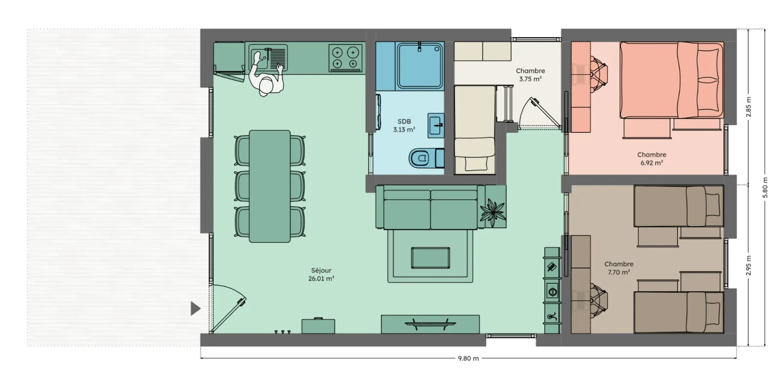 Plan du module 6 × 9, T3, 47,5 m², alignés, 3 chambres