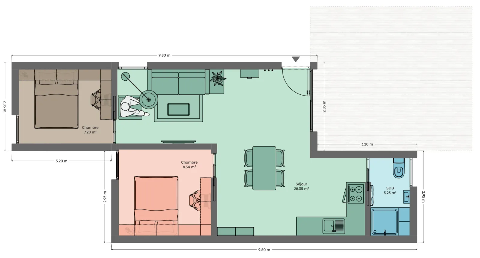 Plan du module 6 × 9, T3, 47,5 m², décalés, 2 chambres