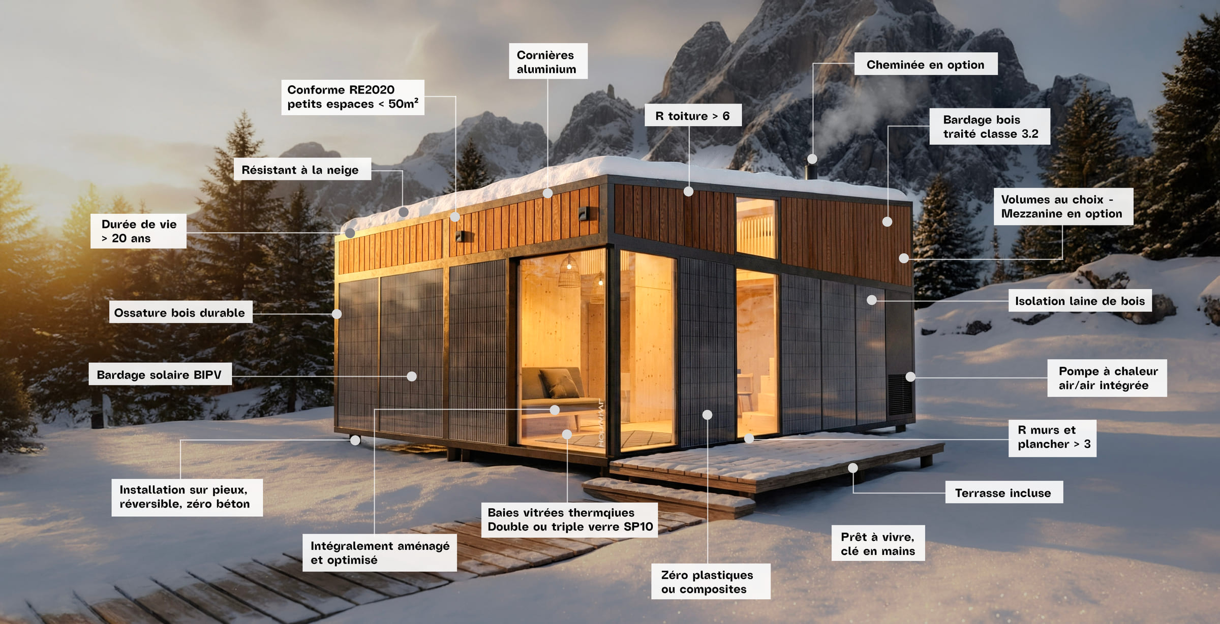 Planche produit Hoummi : le module en lumière du soir sous la neige, légendé par renvois — conforme RE2020 petits espaces de moins de 50 m², résistant à la neige, durée de vie supérieure à 20 ans, ossature bois durable, bardage solaire BIPV, bardage bois traité classe 3.2, cornières aluminium, isolation en laine de bois, R toiture supérieur à 6, R murs et plancher supérieur à 3, baies vitrées thermiques double ou triple verre SP10, pompe à chaleur air-air intégrée, cheminée en option, volumes au choix et mezzanine en option, installation sur pieux réversible et sans béton, terrasse incluse, intégralement aménagé et optimisé, zéro plastique ni composite, prêt à vivre clé en mains