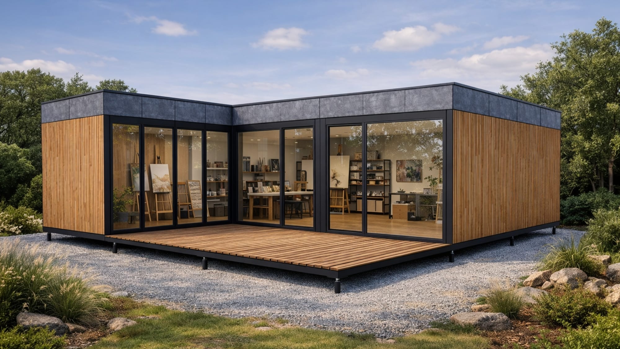 Module Hoummi en L à grandes baies et bardage bois, posé sur un lit de graviers